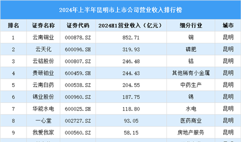 2024年上半年昆明市上市公司营业收入排行榜（附榜单）