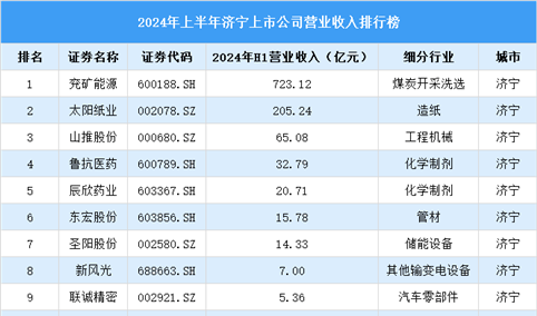 2024年上半年济宁市上市公司营业收入排行榜（附榜单）