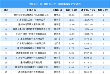 【投資追蹤】2024年1-9月惠州市土地投資方面企業(yè)50強(qiáng)投資總額超24億元（圖）