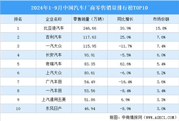 2024年1-9月中国汽车厂商零售销量排行榜TOP10（附榜单）