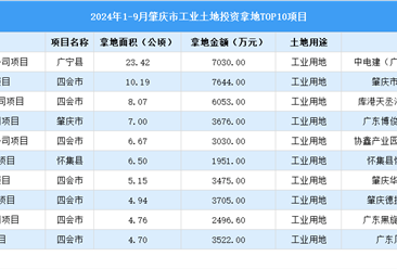 2024年1-9月肇庆市十大工业土地投资项目拿地面积逾80公顷（图）