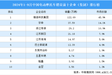 2024年1-9月中国电动摩托车销量前十企业（集团）排行榜（附榜单）