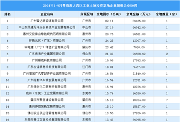 【產(chǎn)業(yè)投資情報】2024年1-9月粵港澳大灣區(qū)市工業(yè)土地投資50強企業(yè)總投資超80億