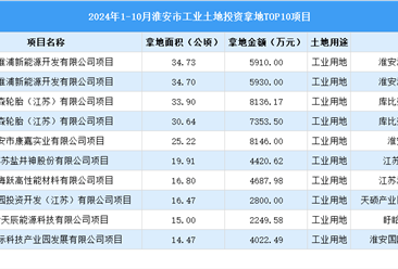 【项目投资跟踪】2024年1-10月份淮安市工业土地投资TOP10项目盘点