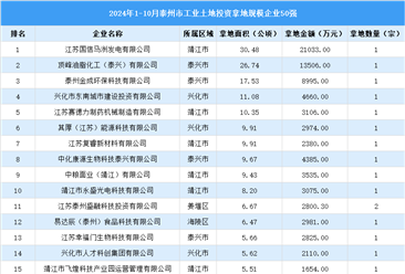 【产业投资情报】2024年1-10月份泰州市工业土地投资50强企业总投资超10亿