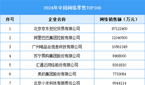 2024年中国网络零售TOP100（附名单）