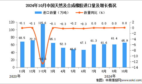 2024年10月中国天然及合成橡胶进口数据统计分析：进口量65.9万吨