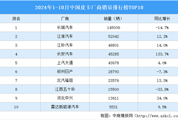 2024年1-10月中国皮卡厂商销量排行榜TOP10（附榜单）