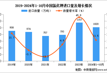 2024年1-10月中国氯化钾进口数据统计分析：进口量同比增长11.5%