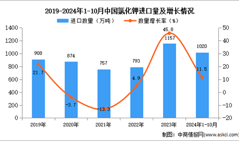 2024年1-10月中国氯化钾进口数据统计分析：进口量同比增长11.5%