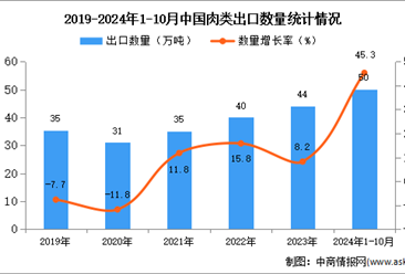 2024年1-10月中国肉类出口数据统计分析：出口量同比增长45.3%