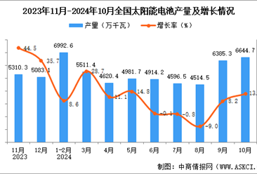 2024年10月全國太陽能電池（光伏電池）產(chǎn)量數(shù)據(jù)統(tǒng)計(jì)分析