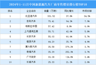 2024年1-11月中國新能源汽車廠商零售銷量排行榜TOP10（附榜單）