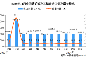 2024年11月中国铁矿砂及其精矿进口数据统计分析：进口量10186.2万吨