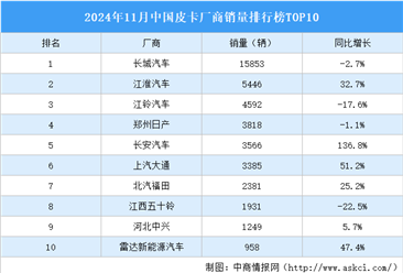 2024年11月中国皮卡厂商销量排行榜TOP10（附榜单）