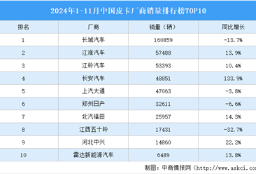 2024年1-11月中国皮卡厂商销量排行榜TOP10（附榜单）