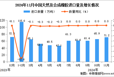 2024年11月中国天然及合成橡胶进口数据统计分析：进口量71.2万吨