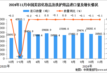 2024年11月中国美容化妆品及洗护用品进口数据统计分析：进口量同比下降0.1%