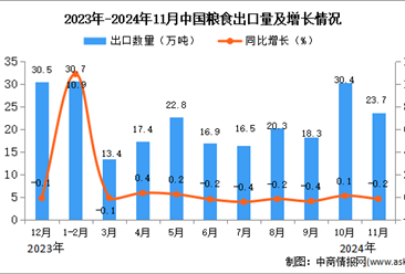 2024年11月中國(guó)糧食出口數(shù)據(jù)統(tǒng)計(jì)分析：出口量同比下降0.2%