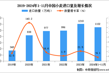 2024年1-11月中国小麦进口数据统计分析：进口量同比下降4.1%