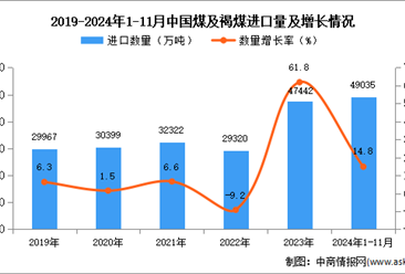 2024年1-11月中國煤及褐煤進口數據統計分析：進口量同比增長14.8%