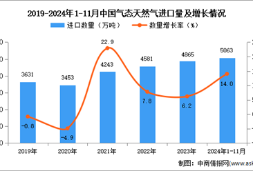 2024年1-11月中國(guó)氣態(tài)天然氣進(jìn)口數(shù)據(jù)統(tǒng)計(jì)分析：進(jìn)口量同比增長(zhǎng)14%