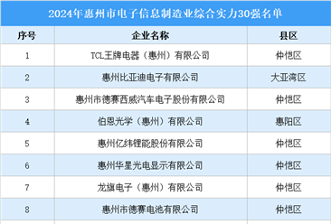 2024年惠州市电子信息制造业综合实力30强（附榜单）