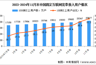 2024年1-11月中国通信业固定互联网接入用户及5G移动电话用户分析（图）