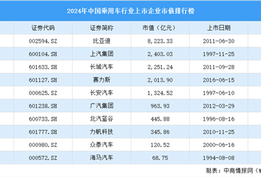 2024年中国乘用车行业上市企业市值排行榜（附榜单）