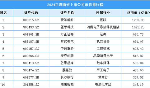 2024年湖南省上市公司市值排行榜（附榜单）