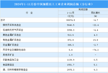 2024年1-11月全國(guó)規(guī)上工業(yè)企業(yè)利潤(rùn)總額情況：制造業(yè)利潤(rùn)總額同比下降4.7%（圖）