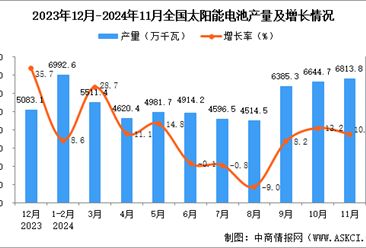 2024年11月全國太陽能電池（光伏電池）產(chǎn)量數(shù)據(jù)統(tǒng)計(jì)分析