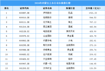 2024年內(nèi)蒙古上市公司市值排行榜（附榜單）