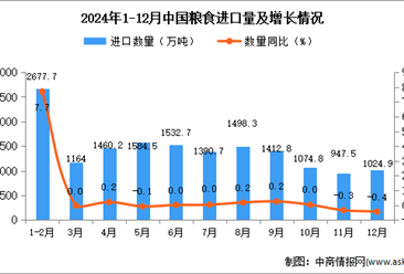 2024年12月中國糧食進口數據統計分析：進口量1024.9萬噸