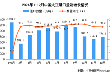 2024年12月中國大豆進口數據統計分析：進口量同比下降0.2%