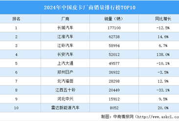 2024年中国皮卡厂商销量排行榜TOP10（附榜单）