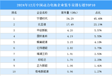 2024年12月中国动力电池企业装车量排行榜TOP10（附榜单）