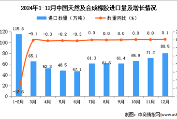 2024年12月中國天然及合成橡膠進口數據統計分析：進口量80.5萬噸