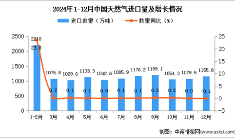 2024年12月中国天然气进口数据统计分析：进口量1155.8万吨