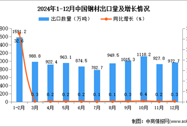 2024年12月中国钢材出口数据统计分析：出口量同比增长0.3%