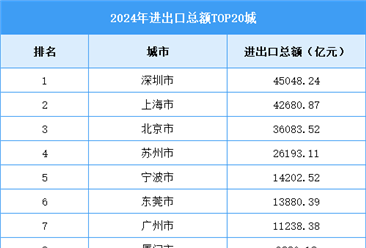 2024年进出口总额TOP20城：深圳登顶（图）