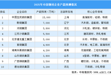 2025年中国钢材重点企业产能排名（图）