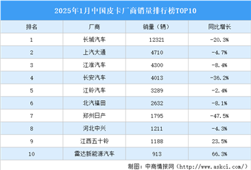 2025年1月中国皮卡厂商销量排行榜TOP10（附榜单）