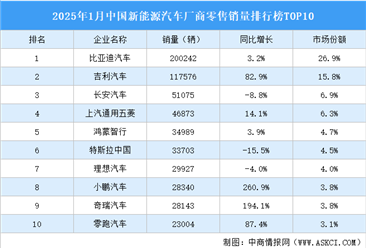 2025年1月中国新能源汽车厂商零售销量排行榜TOP10（附榜单）