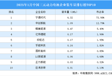 2025年1月中国三元动力电池企业装车量排行榜TOP10（附榜单）