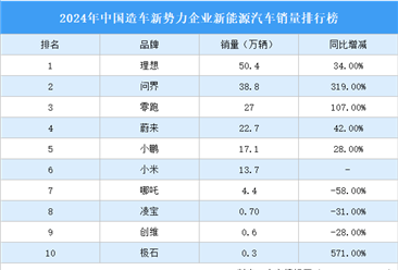 2024年中国造车新势力企业新能源汽车销量排行榜（附榜单）