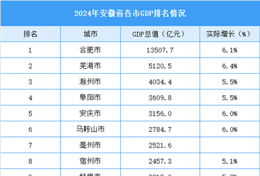 2024年安徽省各市GDP排名情况（附榜单）