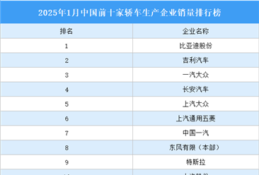 2025年1月中国前十家轿车生产企业销量排行榜（附榜单）