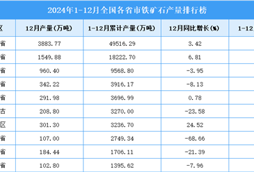 2024年全国各省市铁矿石产量排行榜