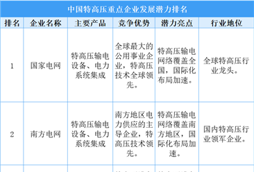 2025年中国特高压重点企业发展潜力排名（图）